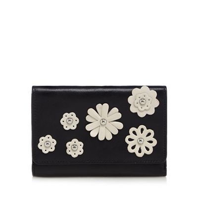 Black leather floral applique medium flap over purse